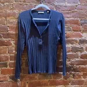 DOEN Henley Buttondown Too Size M Pleated Navy Knit 100% Cotton